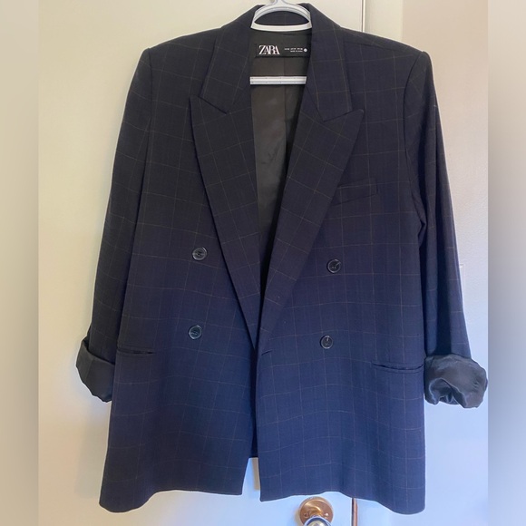 ZARA BLUE DOUBLE BREASTED PLAID JACKET - Picture 1 of 4